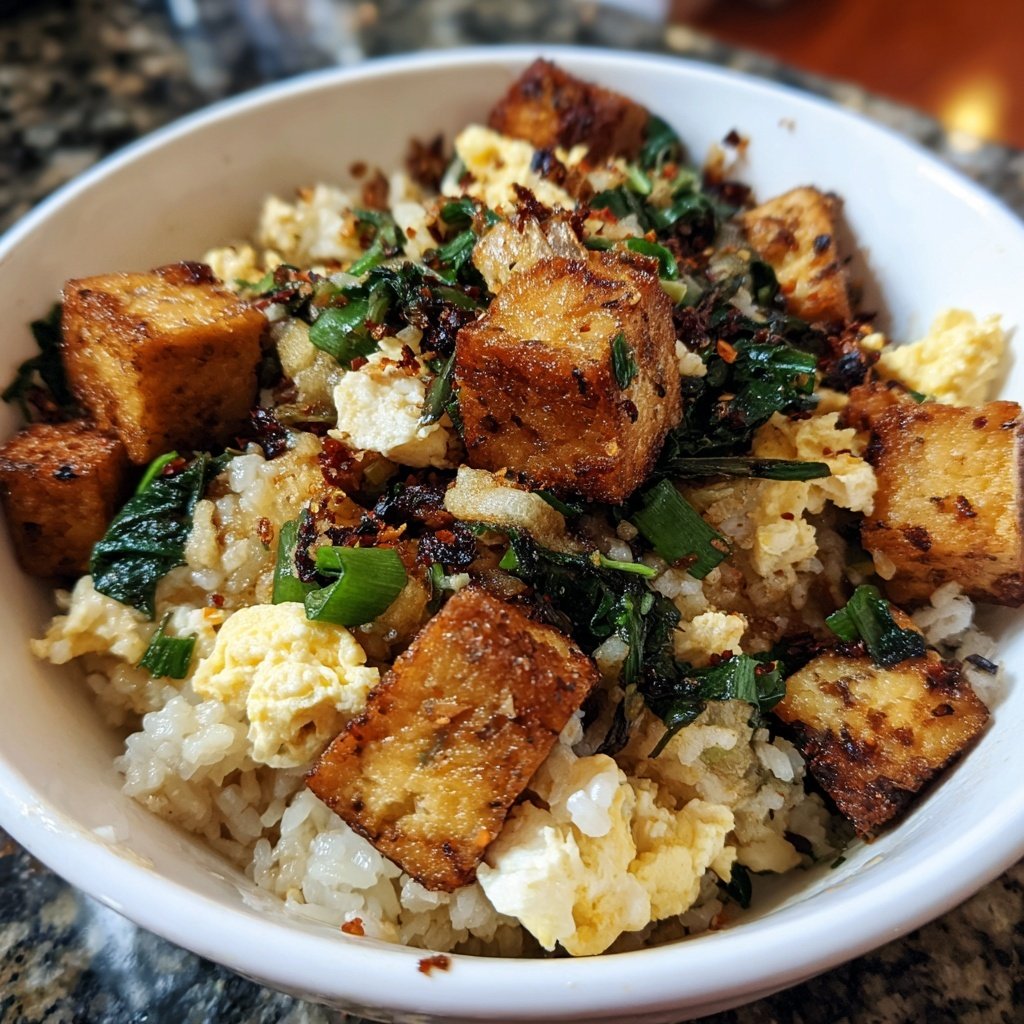 Crispy Tofu Garlic Rice Bowl
